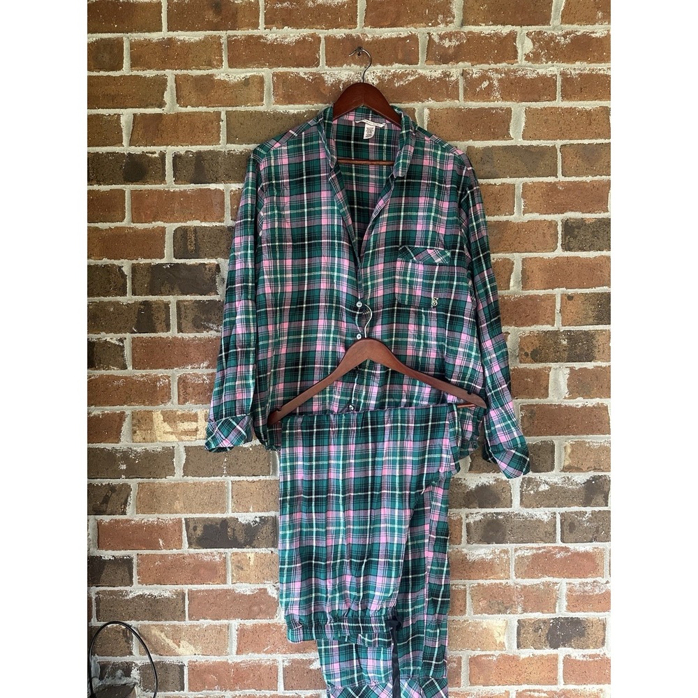 Victoria's Secret Green & Pink Plaid Pajama Set Size XL LONG Women's